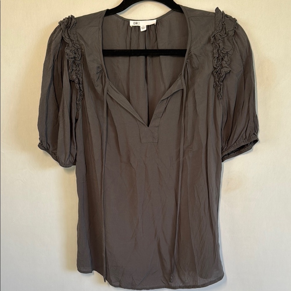 DR2 Gray Ruffle Blouse Puff Sleeve Tie Neck Top Small